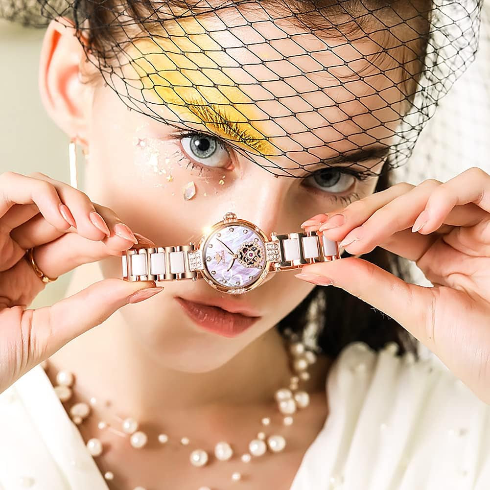 Watches for Women Mechanical Self Winding Dress Luxury Diamond Dial Pink Face Rose Gold Ceramic Waterproof Luminous Ladies Wrist Watch Gift Set