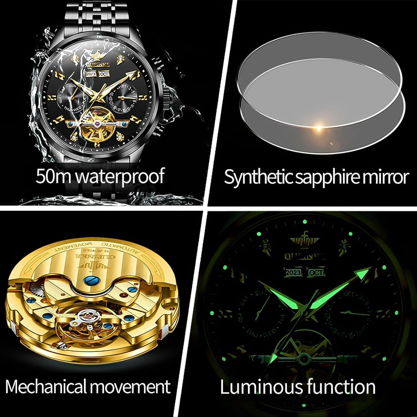 Men Skeleton Watch Automatic Mechanical Luxury Dress Waterproof Tourbillion Sapphire Crystal Wrist Watches for Men