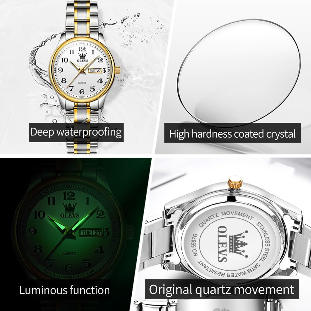 Luxury Ladies Watches,Women'S Watch with Day and Date,Female Watch for Small Wrist,Gold Stainless Steel Watches for Women,Easy Read Ladies Wrist Watches Waterproof(Adjustable Strap