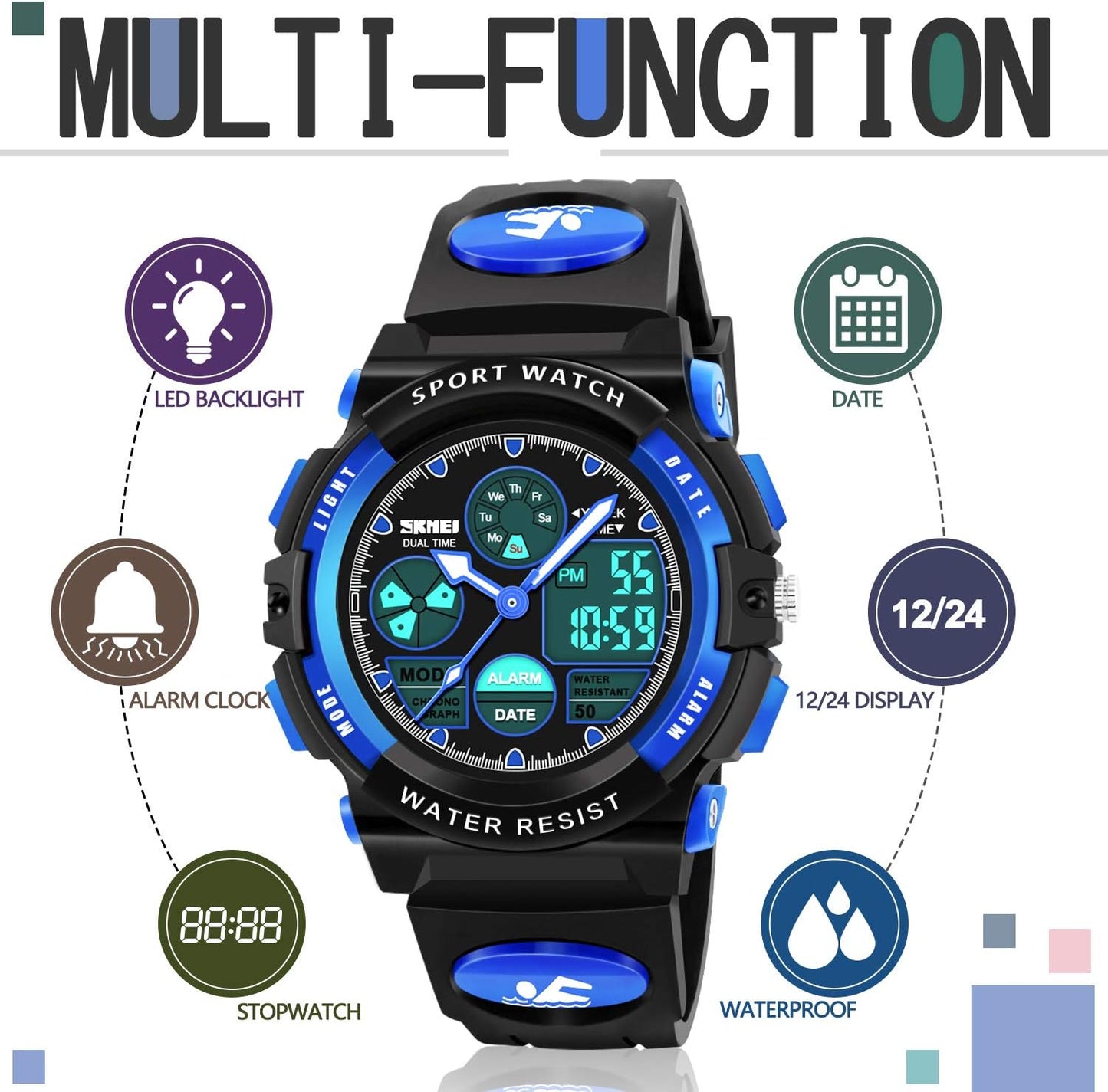 LED Multi Function Waterproof Watch for Kids - Kids Gifts