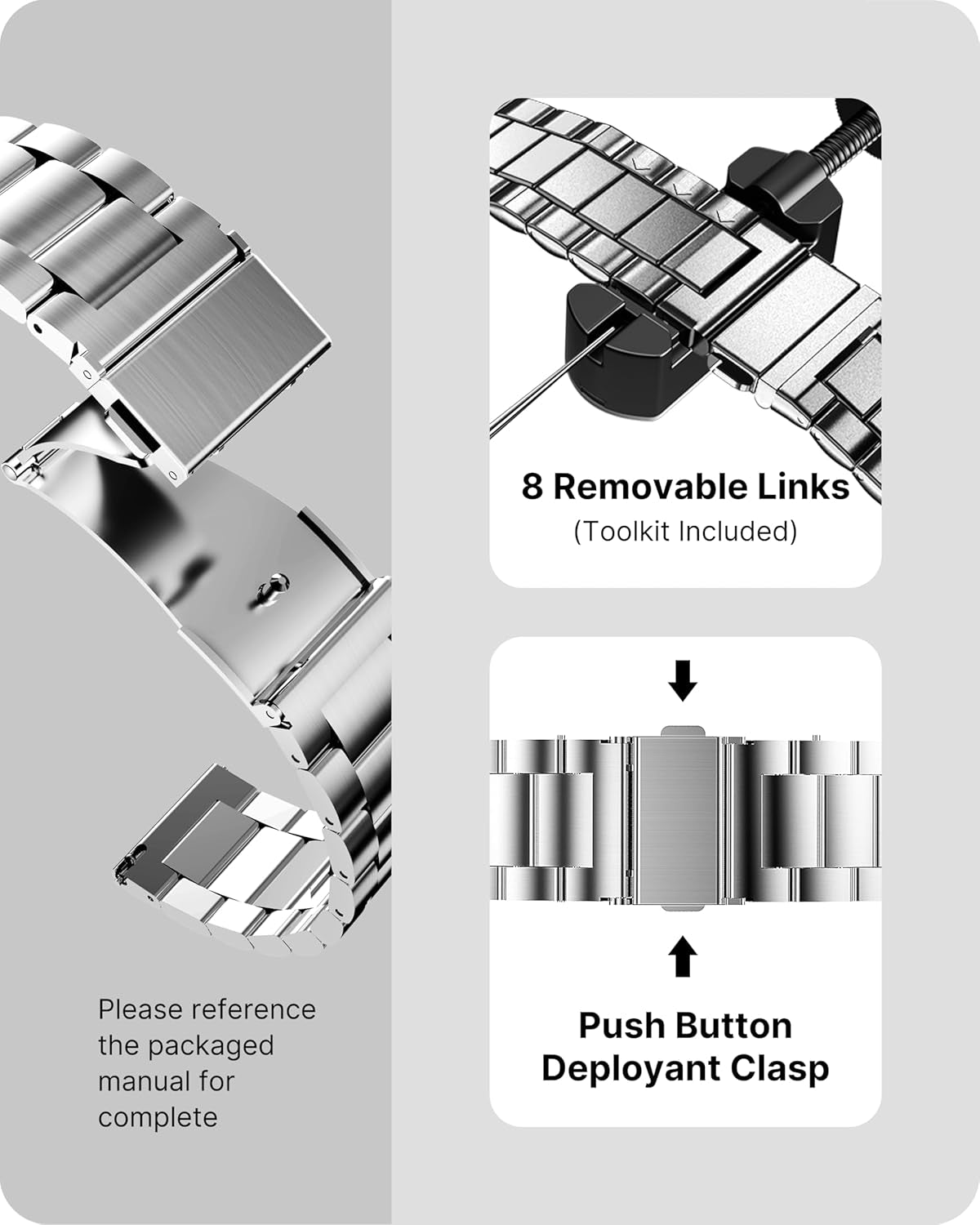 Watch Band, Quick Release Stainless Steel Replacement for Men Women, Metal Chain Watch Strap Width 16Mm 18Mm 19Mm 20Mm 22Mm 24Mm, Silver, 22Mm