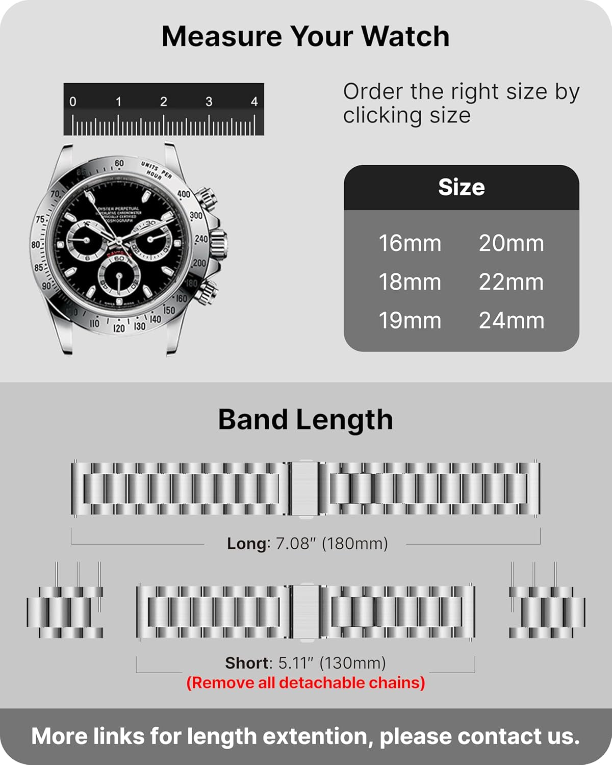 Watch Band, Quick Release Stainless Steel Replacement for Men Women, Metal Chain Watch Strap Width 16Mm 18Mm 19Mm 20Mm 22Mm 24Mm, Silver, 22Mm