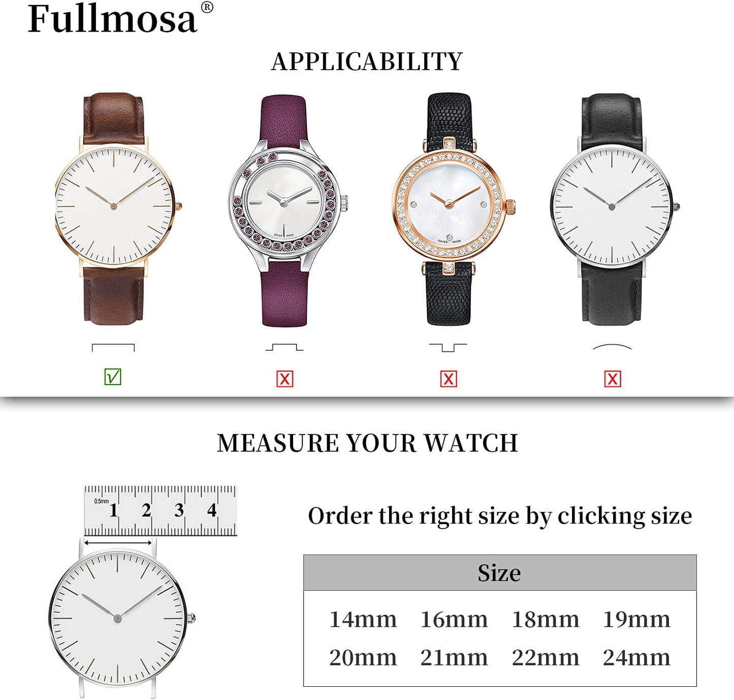 Emmas Series 9 Colors Leather Watch Strap with Stainless Steel Clasp for Men and Women 14Mm 16Mm 18Mm 19Mm 20Mm 21Mm 22Mm 24Mm
