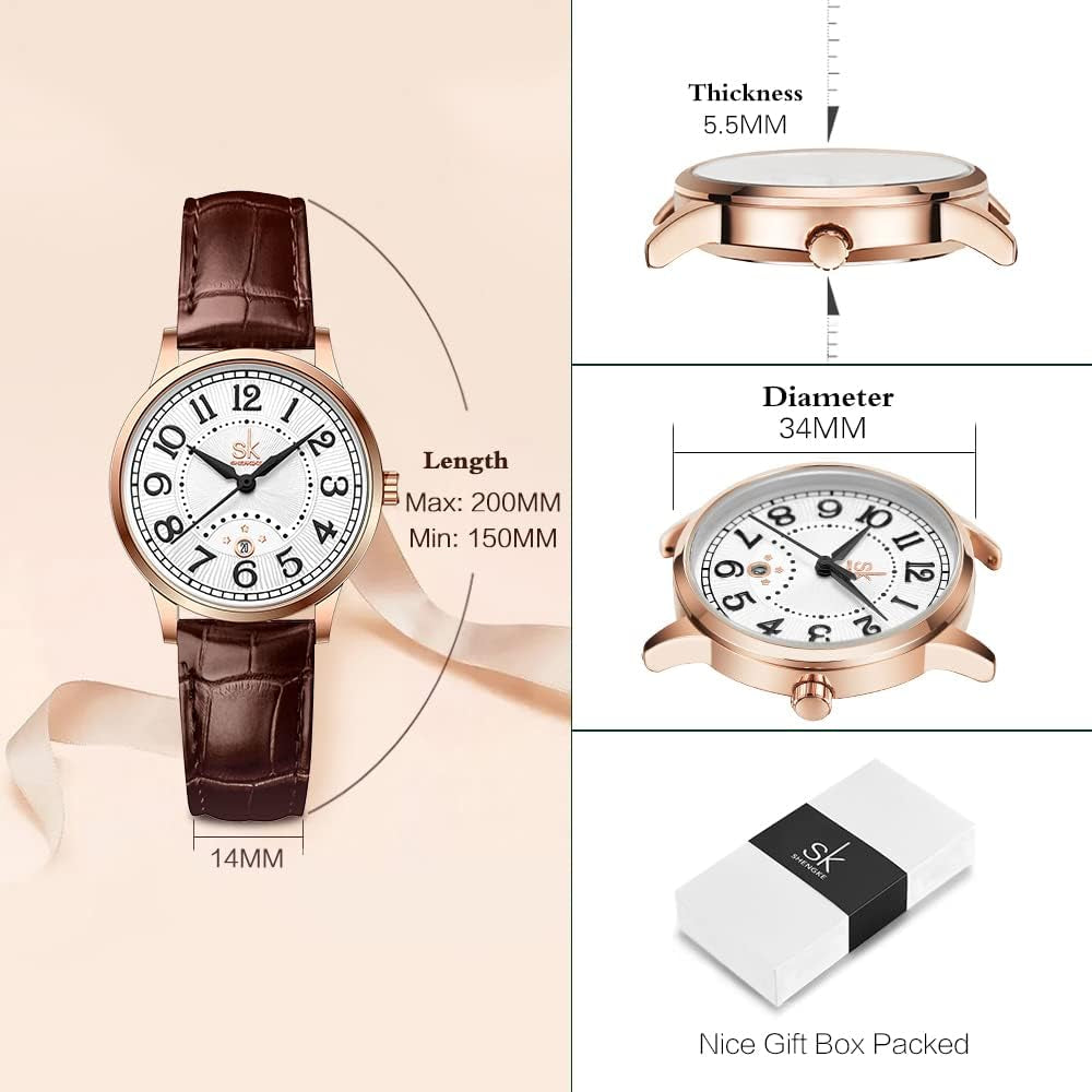 SK Classic Business Women Watches with Stainless Steel Band and Genuine Leather Elegant Ladies Calendar Watch