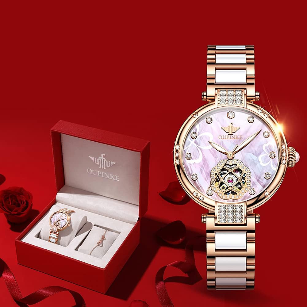 Watches for Women Mechanical Self Winding Dress Luxury Diamond Dial Pink Face Rose Gold Ceramic Waterproof Luminous Ladies Wrist Watch Gift Set
