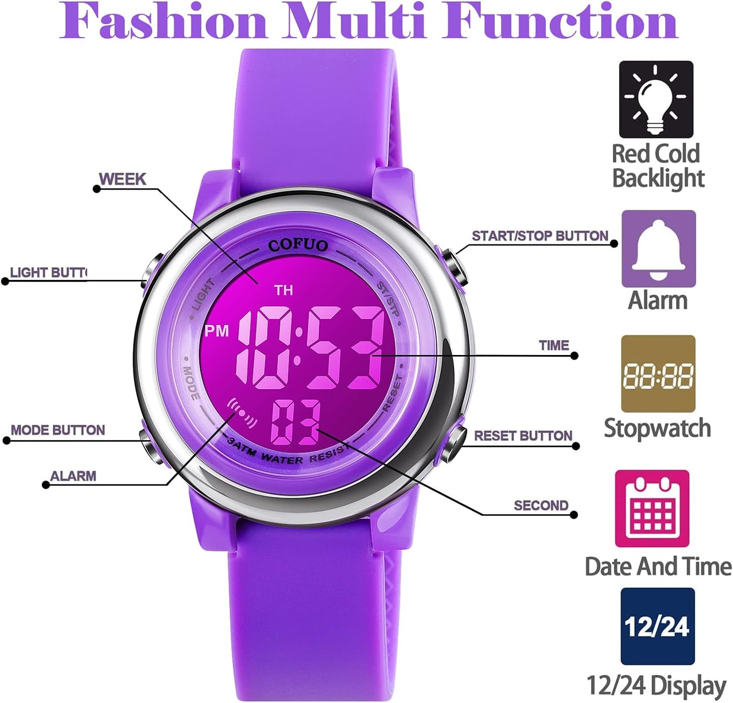 Kids Digital Sport Waterproof Watch for Girls Boys, Kid Sports Outdoor LED Electrical Watches with Luminous Alarm Stopwatch Child Wristwatch