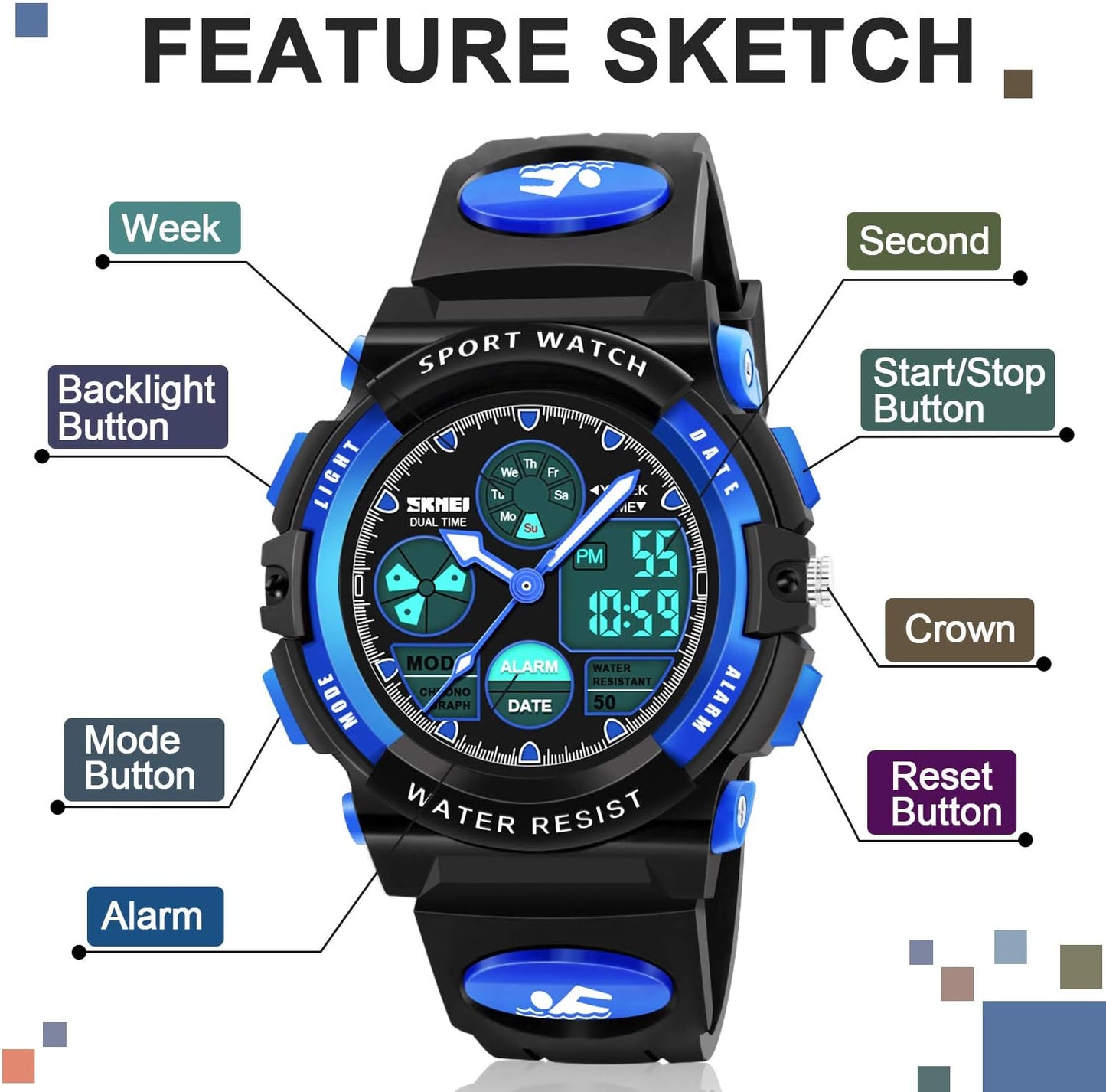 LED Multi Function Waterproof Watch for Kids - Kids Gifts