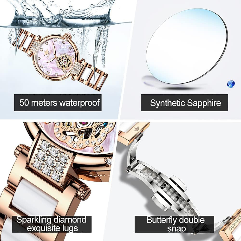 Watches for Women Mechanical Self Winding Dress Luxury Diamond Dial Pink Face Rose Gold Ceramic Waterproof Luminous Ladies Wrist Watch Gift Set
