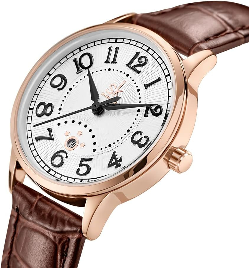 SK Classic Business Women Watches with Stainless Steel Band and Genuine Leather Elegant Ladies Calendar Watch