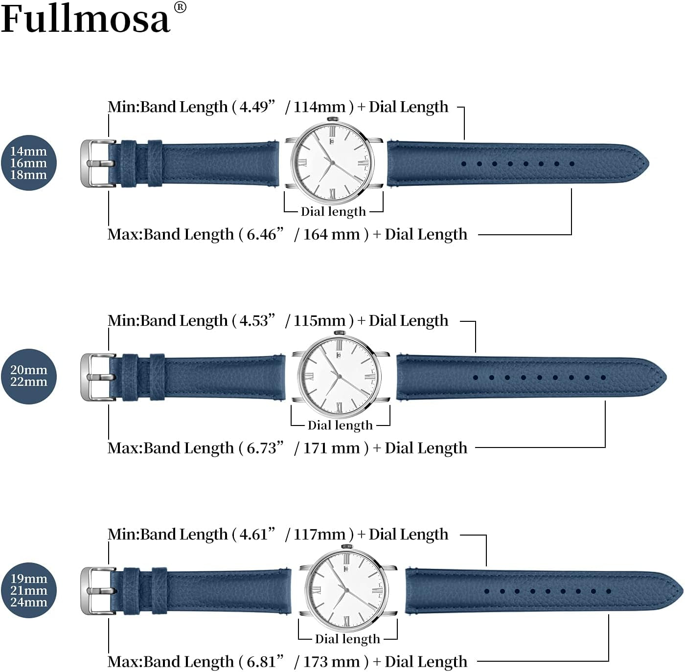 Emmas Series 9 Colors Leather Watch Strap with Stainless Steel Clasp for Men and Women 14Mm 16Mm 18Mm 19Mm 20Mm 21Mm 22Mm 24Mm