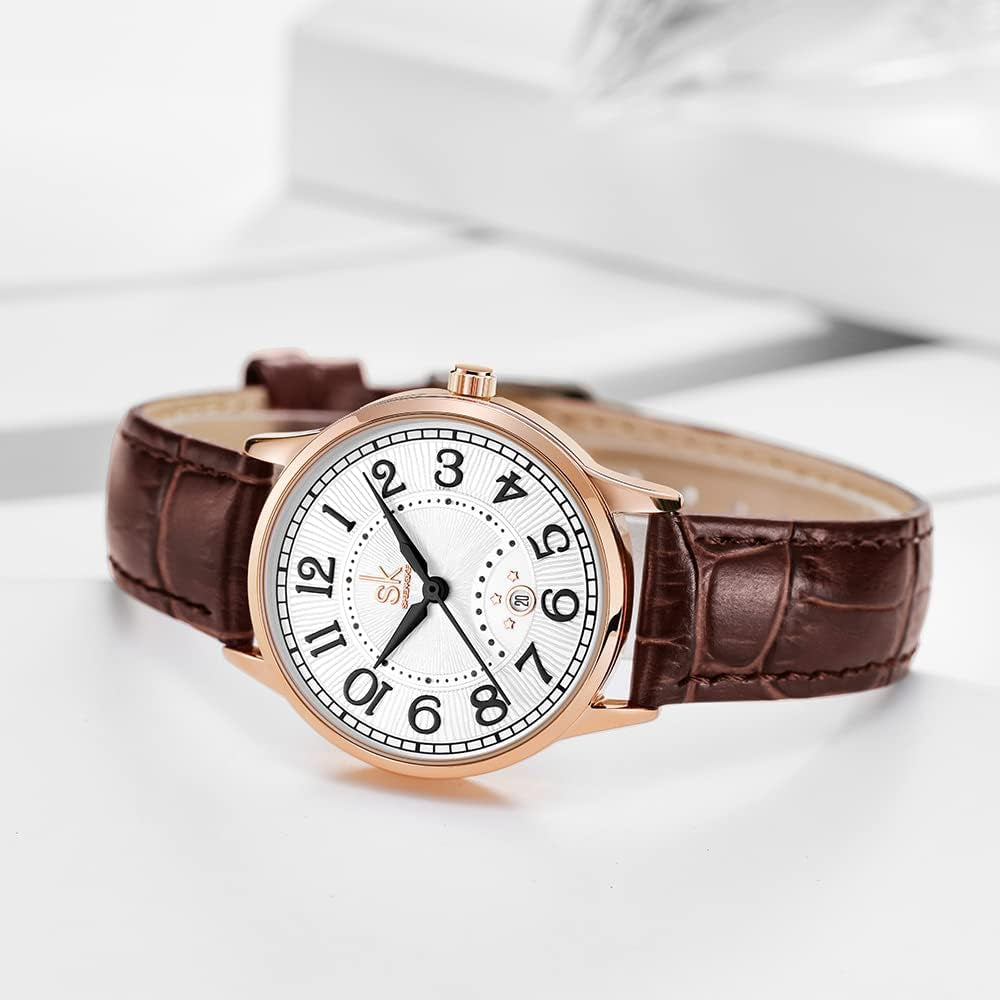 SK Classic Business Women Watches with Stainless Steel Band and Genuine Leather Elegant Ladies Calendar Watch