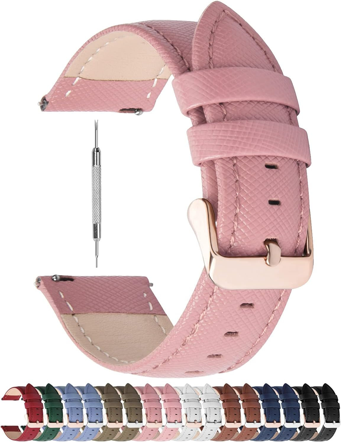 Leather Watch Band 14Mm 16Mm 18Mm 20Mm 22Mm 24Mm, Soft Genuine Leather, Quick Release Replacement Watch Strap for Women and Men, 18Mm, Pink+Rose Gold Buckle