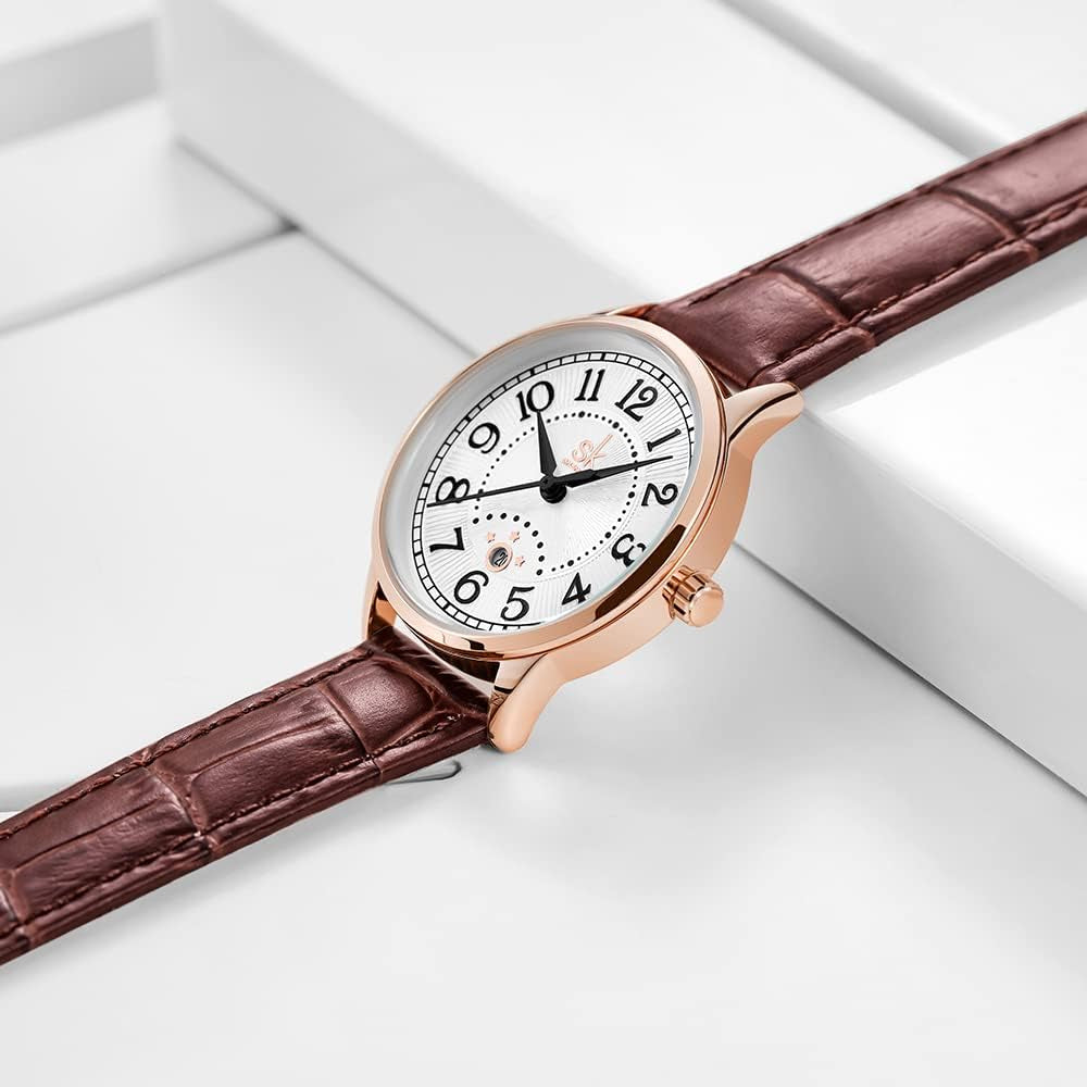 SK Classic Business Women Watches with Stainless Steel Band and Genuine Leather Elegant Ladies Calendar Watch