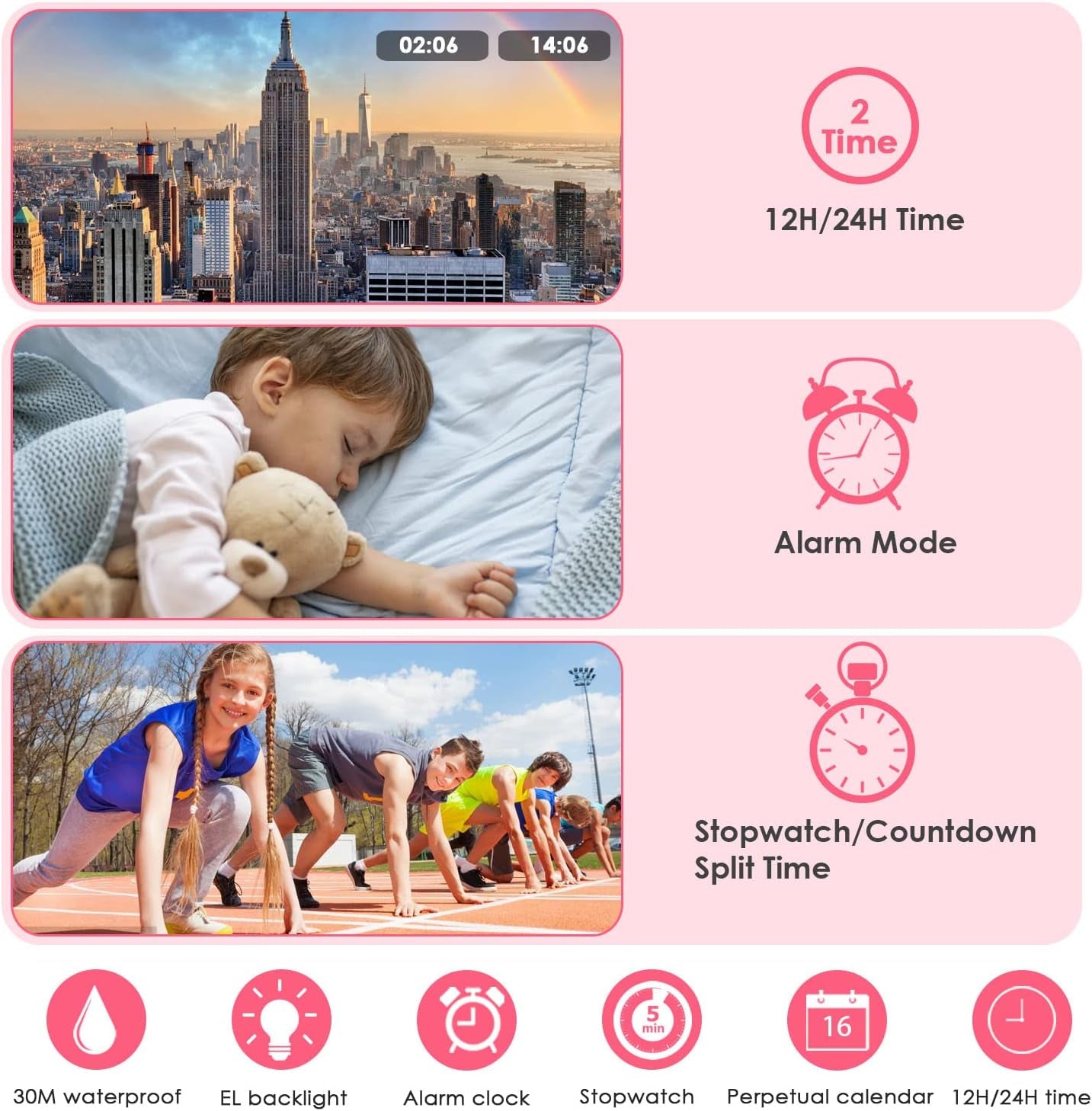 Kids Watches Digital Sport Watches for Girls Outdoor Waterproof Watches with Alarm Stopwatch Leisure Child Wrist Watch Ages 5-10