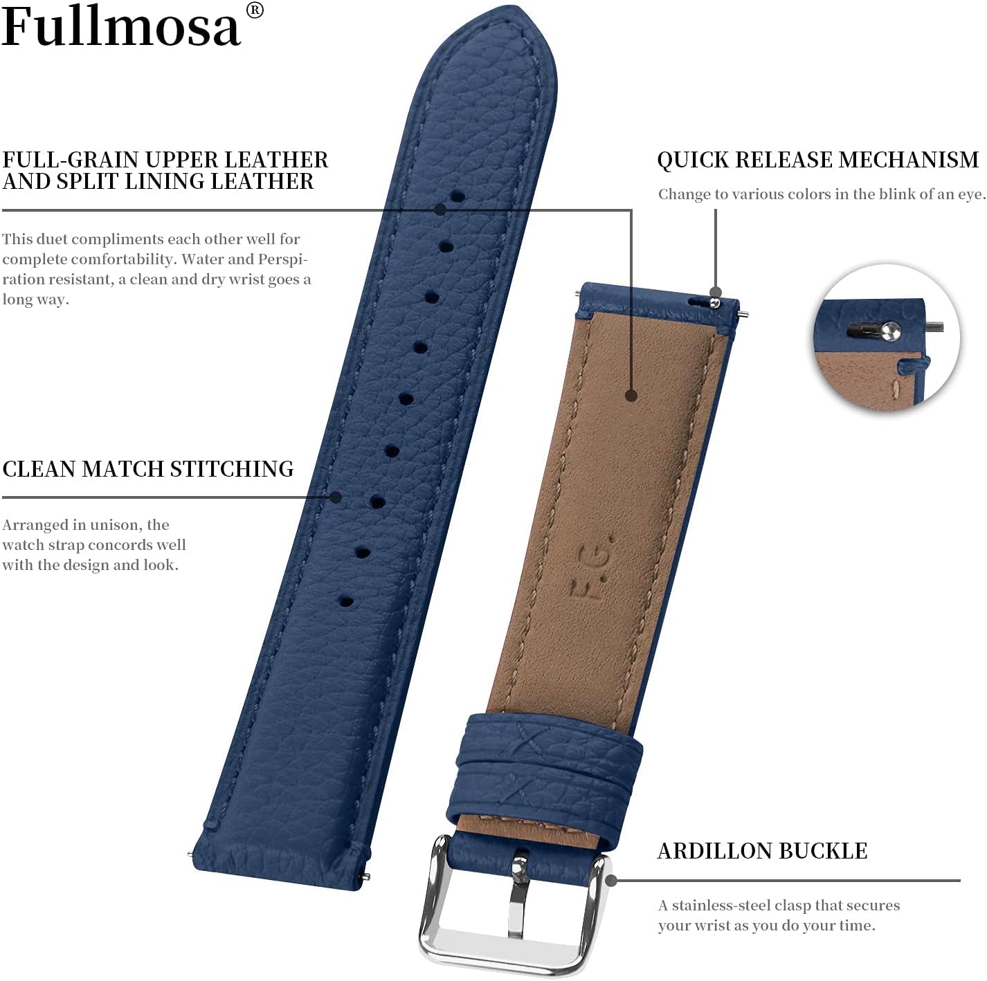 Emmas Series 9 Colors Leather Watch Strap with Stainless Steel Clasp for Men and Women 14Mm 16Mm 18Mm 19Mm 20Mm 21Mm 22Mm 24Mm
