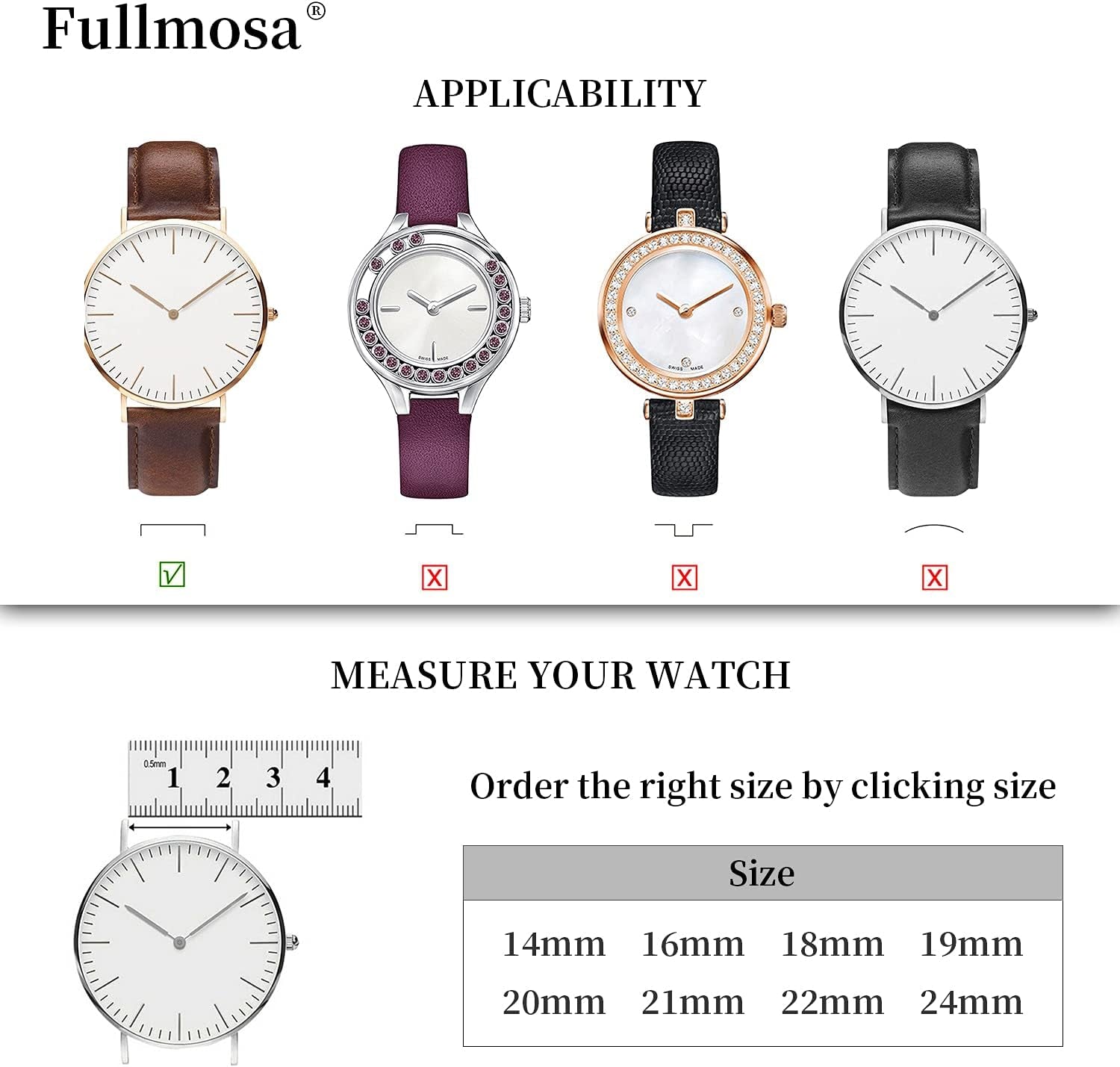 Emmas Series 9 Colors Leather Watch Strap with Stainless Steel Clasp for Men and Women 14Mm 16Mm 18Mm 19Mm 20Mm 21Mm 22Mm 24Mm