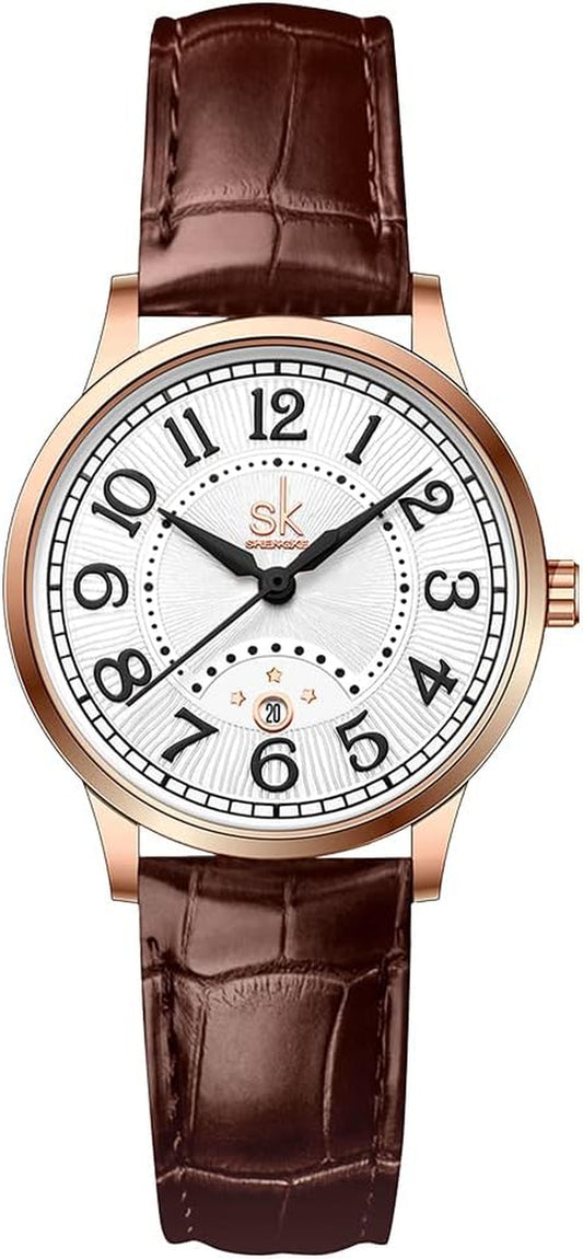 SK Classic Business Women Watches with Stainless Steel Band and Genuine Leather Elegant Ladies Calendar Watch