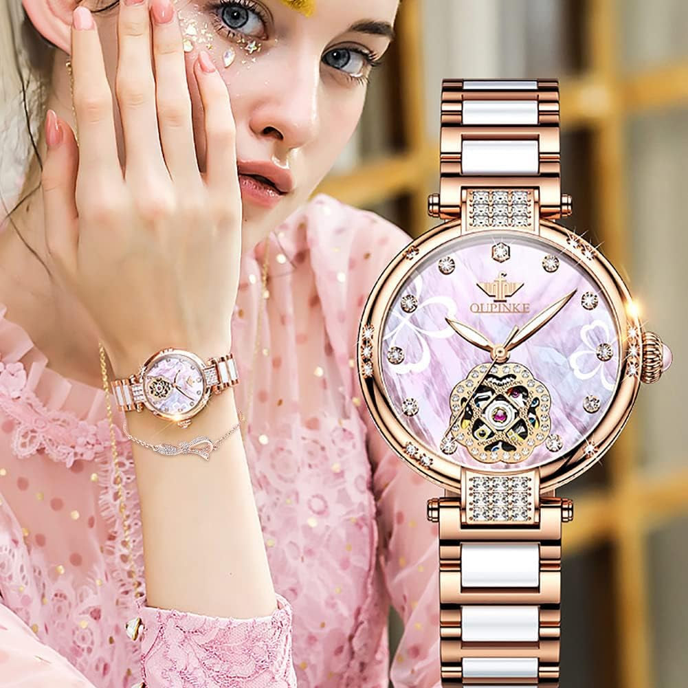 Watches for Women Mechanical Self Winding Dress Luxury Diamond Dial Pink Face Rose Gold Ceramic Waterproof Luminous Ladies Wrist Watch Gift Set