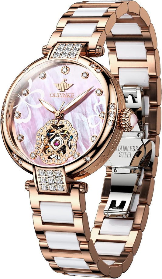 Watches for Women Mechanical Self Winding Dress Luxury Diamond Dial Pink Face Rose Gold Ceramic Waterproof Luminous Ladies Wrist Watch Gift Set
