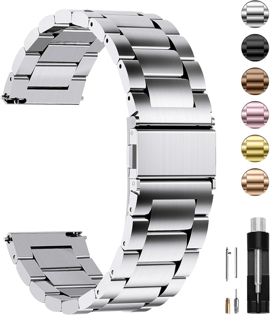 Watch Band, Quick Release Stainless Steel Replacement for Men Women, Metal Chain Watch Strap Width 16Mm 18Mm 19Mm 20Mm 22Mm 24Mm, Silver, 22Mm