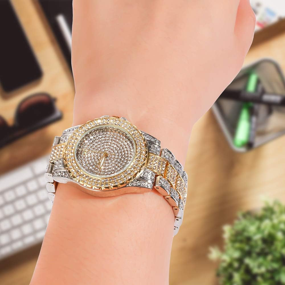 round Luxury Women Watch Crystal Rhinestone Diamond Watches Stainless Steel Wristwatch Iced Out Watch with Japan Quartz Movement for Women | Simulated Lab Diamonds