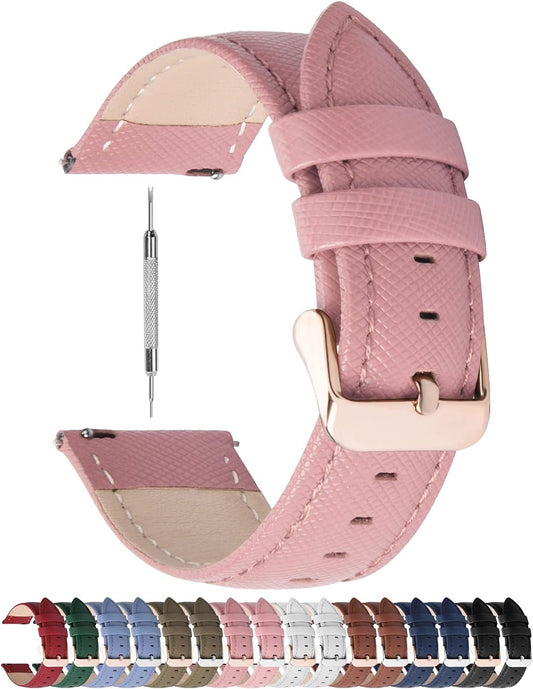 Leather Watch Band 14Mm 16Mm 18Mm 20Mm 22Mm 24Mm, Soft Genuine Leather, Quick Release Replacement Watch Strap for Women and Men, 18Mm, Pink+Rose Gold Buckle